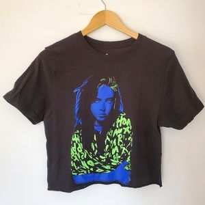 Billie Eilish Merch Graphic Neon Portrait Cropped Black T-Shirt (XL)
